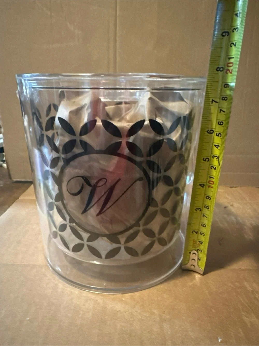 Clear plastic Ice Bucket with Decorative Monogram W with tongs